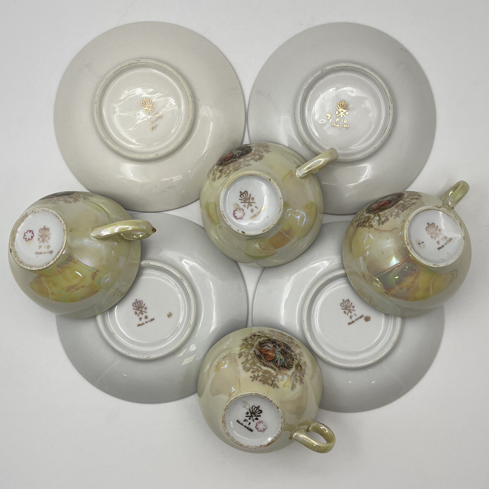 Сервиз чайно-кофейный на 4 персоны (11 предметов) "Мадонна", фарфор, деколь, люстр, золочение, Spezial Eisenberg Porzellan (SEP), ГДР, 1960-1980 гг.