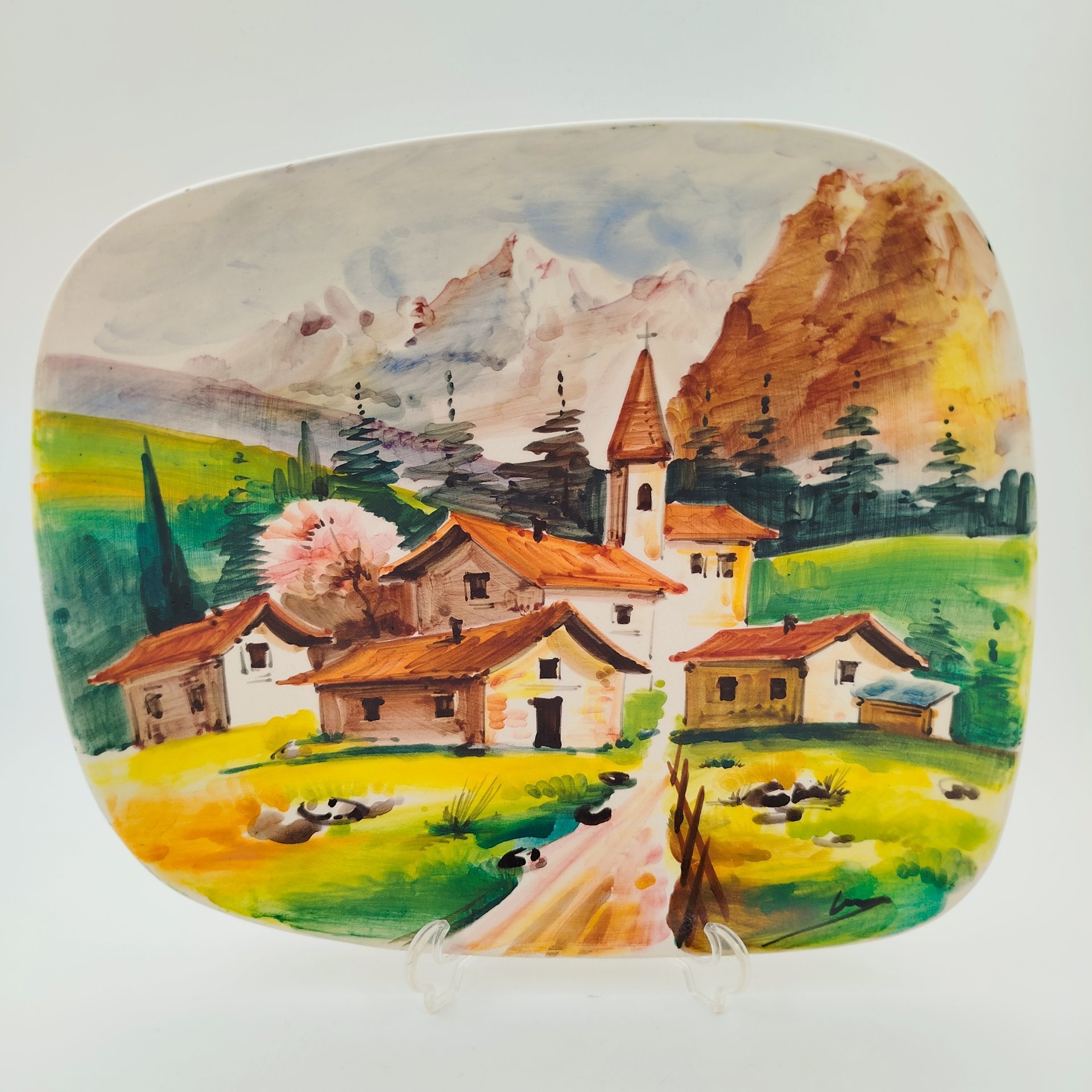 Блюдо декоративное настенное, украшенное изображением альпийского пейзажа, фаянс, роспись, Италия, 1970-1990 гг.