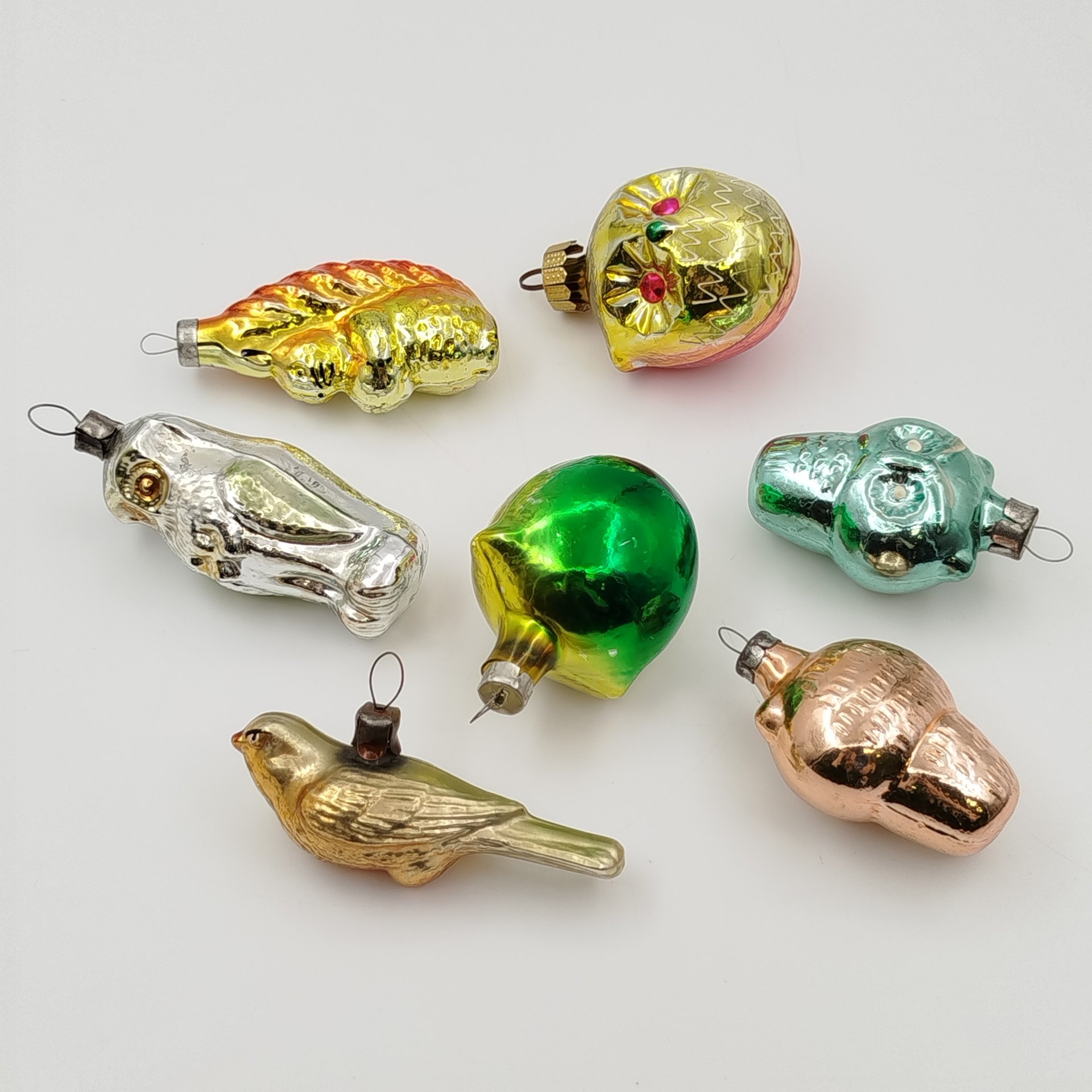 Набор елочных игрушек в подборе (белка, птичка, совы), 7 шт., стекло, краска, металл, СССР, 1950-1970 гг.