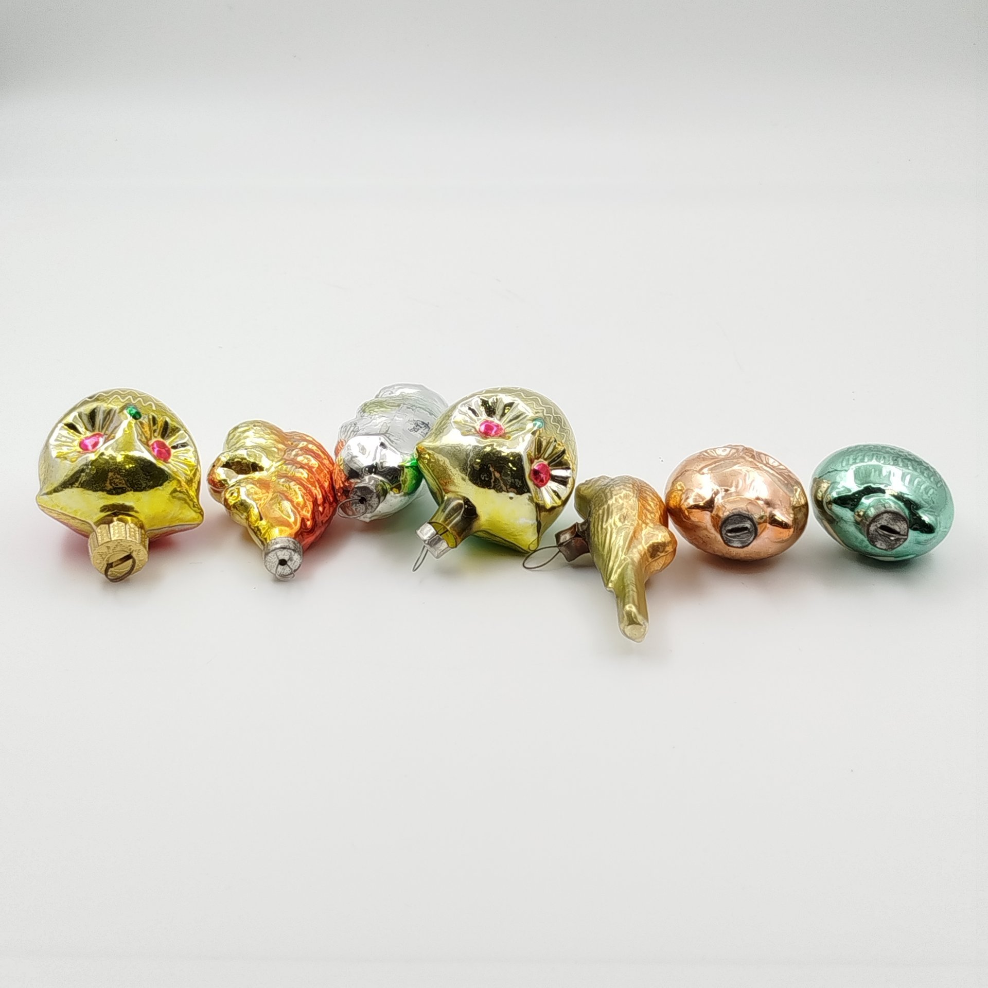 Набор елочных игрушек в подборе (белка, птичка, совы), 7 шт., стекло, краска, металл, СССР, 1950-1970 гг.