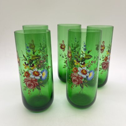 Набор из 5 стаканов в зеленом оттенке с цветочным декором, цветное стекло, деколь, СССР, 1970-1990 гг.