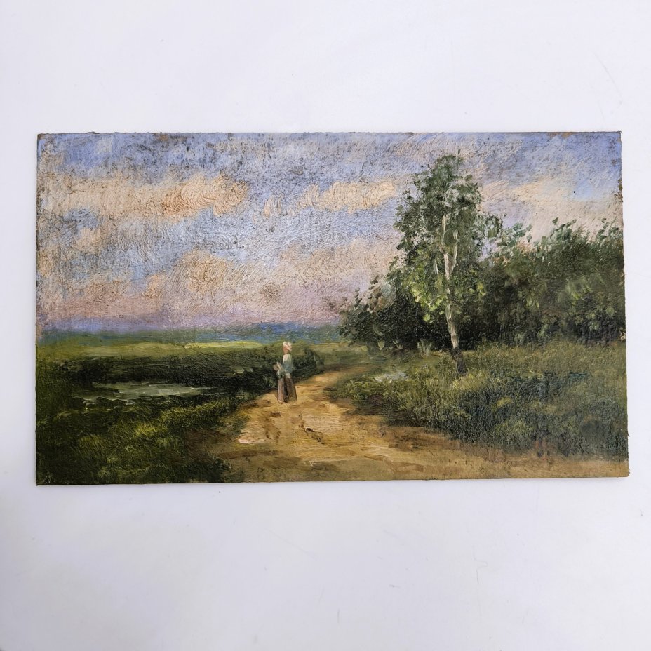 Этюд "Летний пейзаж с дорогой", картон, масло
