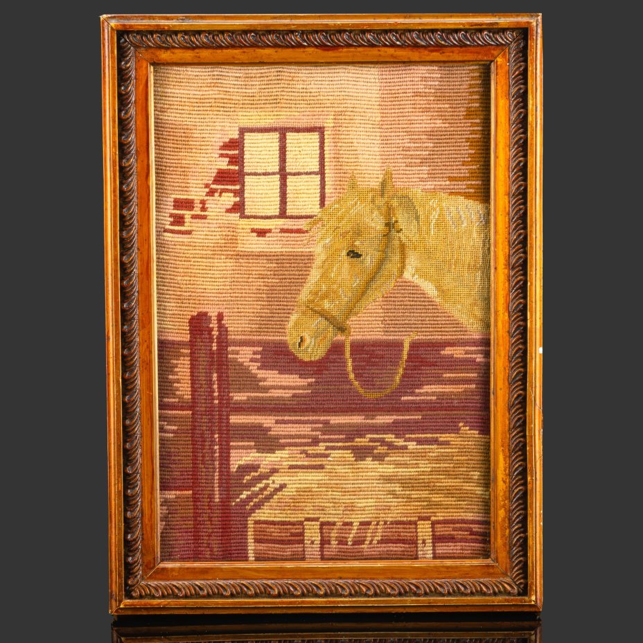 Картина в раме "Голова лошади", ткань, вышивка, СССР, 1970-1990 гг.
