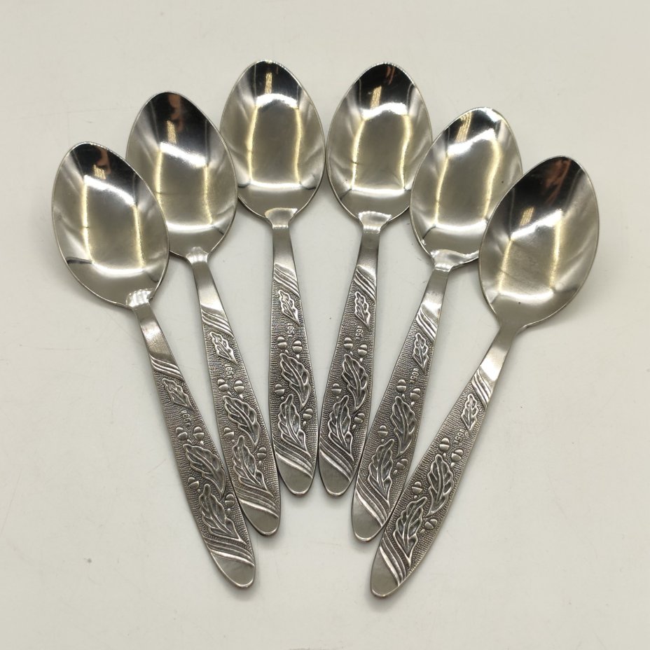Набор из 6-ти чайных (десертных) ложек "Жёлуди" в коробке, нержавеющая сталь, Завод «Труд» (р.п. Вача), СССР, 1970-1980 гг.