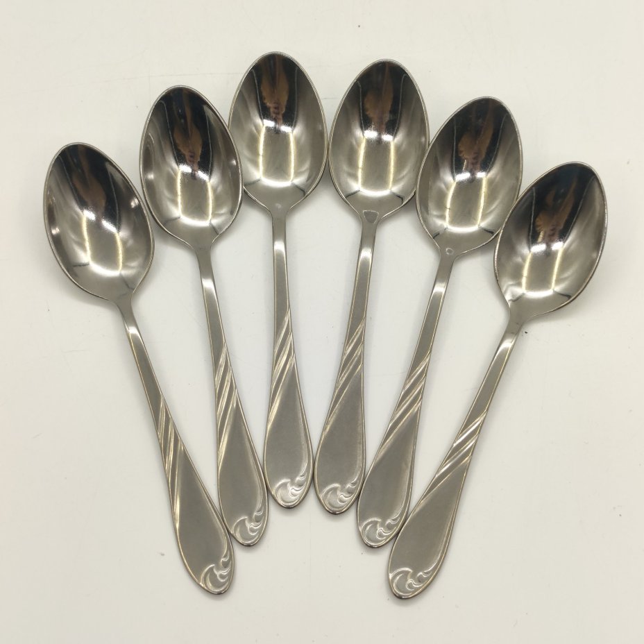 Набор из 6-ти чайных ложек, украшенных растительным декором, нержавеющая сталь, Павловский завод художественных металлоизделий им. С.М. Кирова