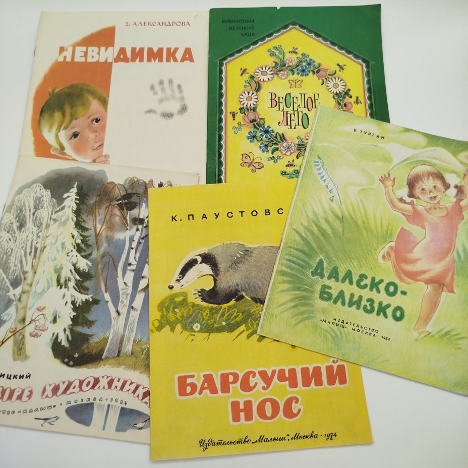 Набор из 5-ти детских книг (Е. Турган "Далеко-близко", Г. Скребицкий "Четыре художника", З. Александрова "Невидимка", "Весёлое лето", К. Паустовский "Барсучий нос"), Издательство "Малыш", бумага, печать, СССР, 1984 г.
