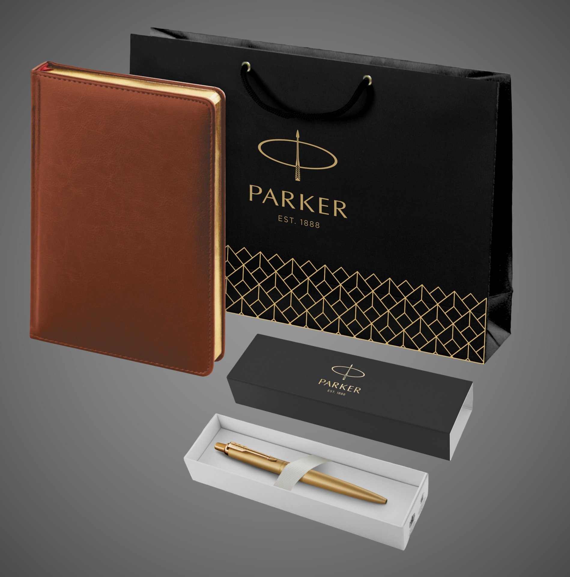 Подарочный набор: Шариковая ручка Jotter XL SE20 Monochrome в подарочной упаковке, цвет: Gold, стержень Mblue и Ежедневник коричневый недатированный, Металлы: металл, нержавеющая сталь