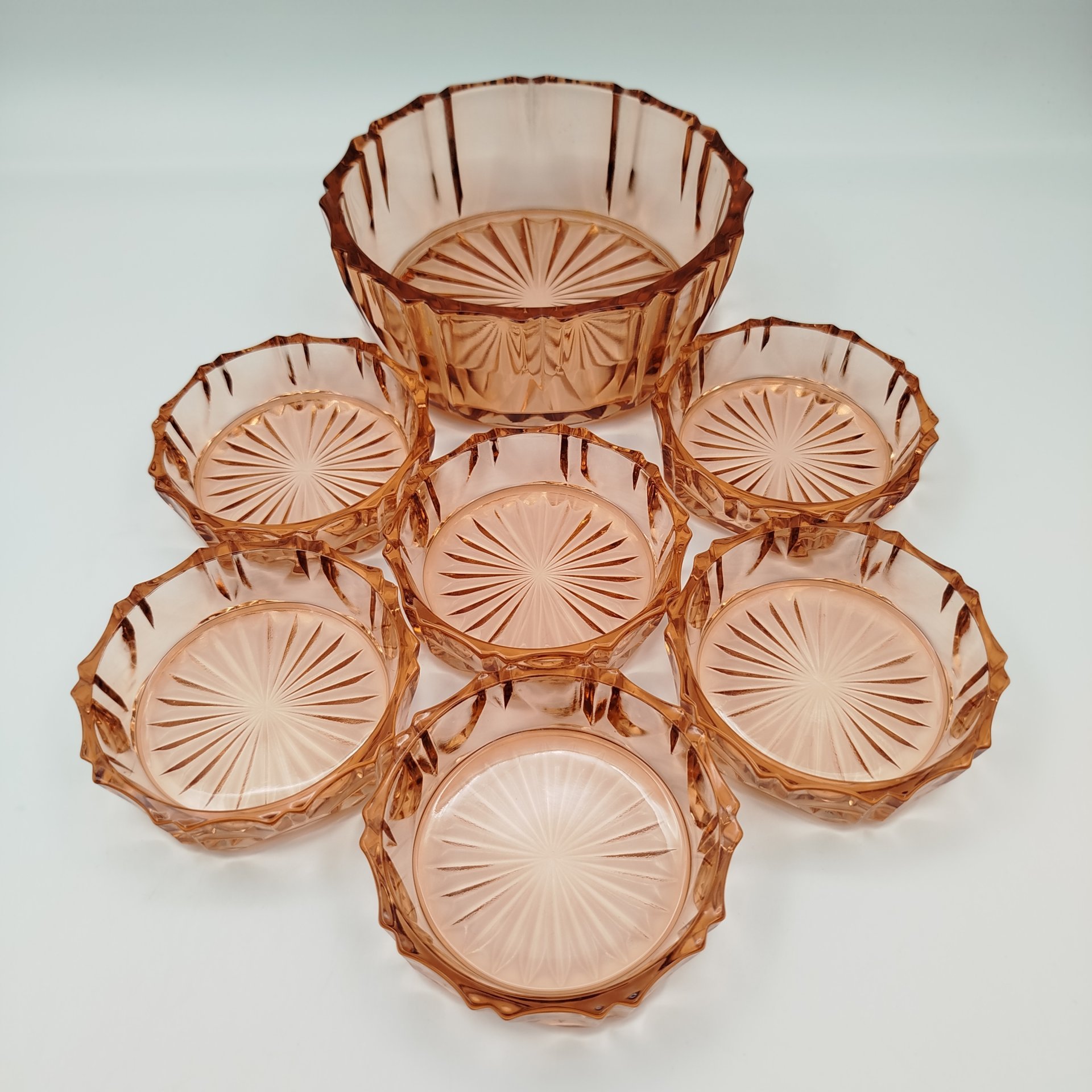 Набор для подачи варенья карамельного оттенка на 6 персон, цветное стекло, СССР, 1970-1990 гг.