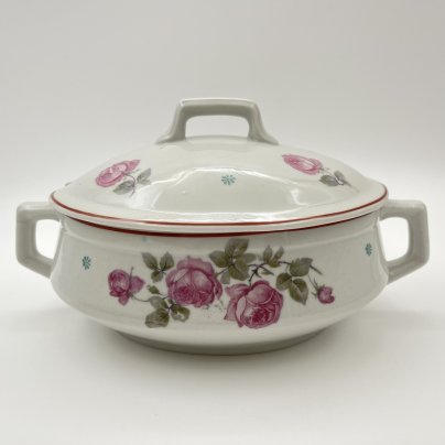 Террина (для горячих блюд) с декором в виде роз, фаянс, деколь, обводка, Дулевский фарфоровый завод (Дулёво), СССР, 1926-1931 гг.