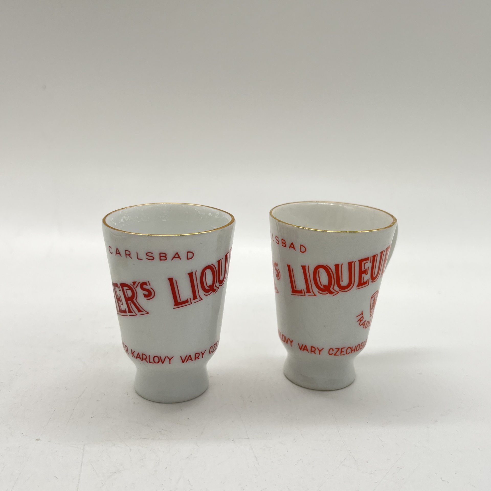 Набор из 2 ликерных рюмок с ручками "Becher's Liqueur", фарфор, деколь, золочение, Carlsbad, Чехословакия, 1970-1990 гг.