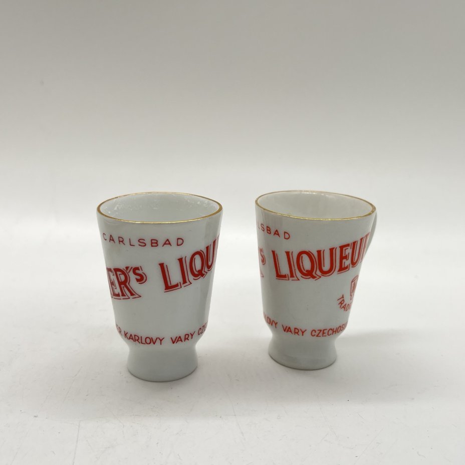 Набор из 2 ликерных рюмок с ручками "Becher's Liqueur", фарфор, деколь, золочение, Carlsbad, Чехословакия, 1970-1990 гг.