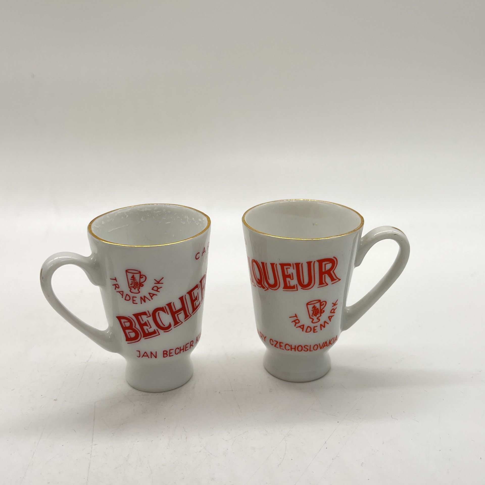 Набор из 2 ликерных рюмок с ручками "Becher's Liqueur", фарфор, деколь, золочение, Carlsbad, Чехословакия, 1970-1990 гг.