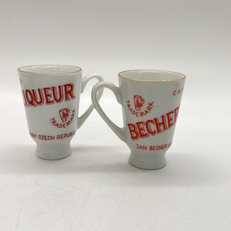 Набор из 2 ликерных рюмок с ручками "Becher's Liqueur", фарфор, деколь, золочение, Carlsbad, Чехословакия, 1970-1990 гг., Carlsbad
