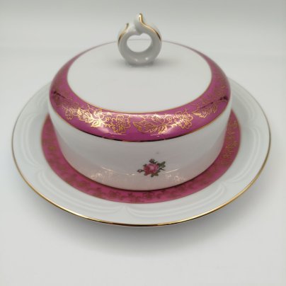 Маслёнка, украшенная изображением роз, фарфор, люстр, деколь, золочение, Spezial Eisenberg Porzellan (SEP), ГДР, 1960-1980 гг.