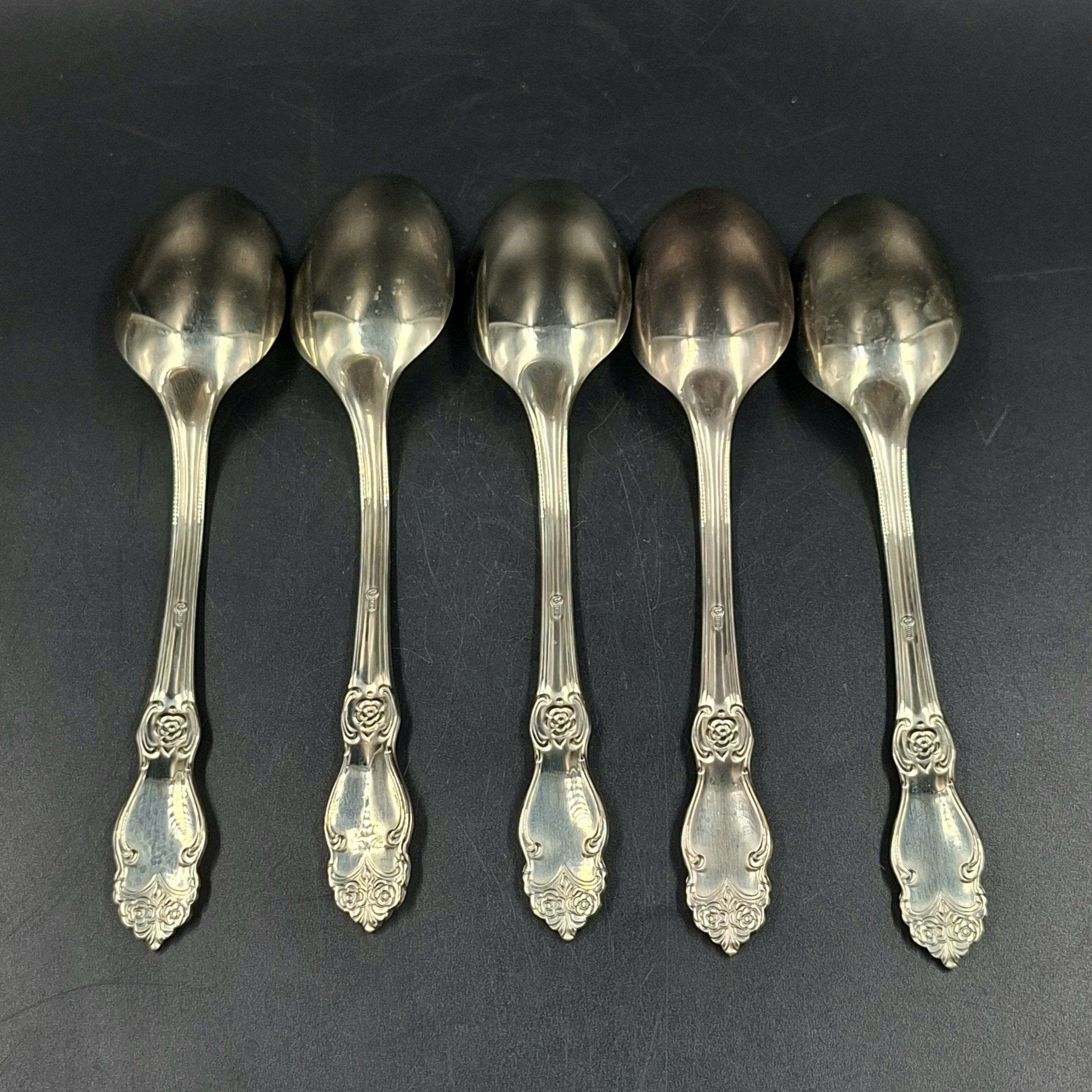 Набор из пяти десертных ложек "Серебряная роза", мНЦ (медь-никель-цинк), Кольчугинский завод цветных металлов, СССР, 1960-1990 гг.