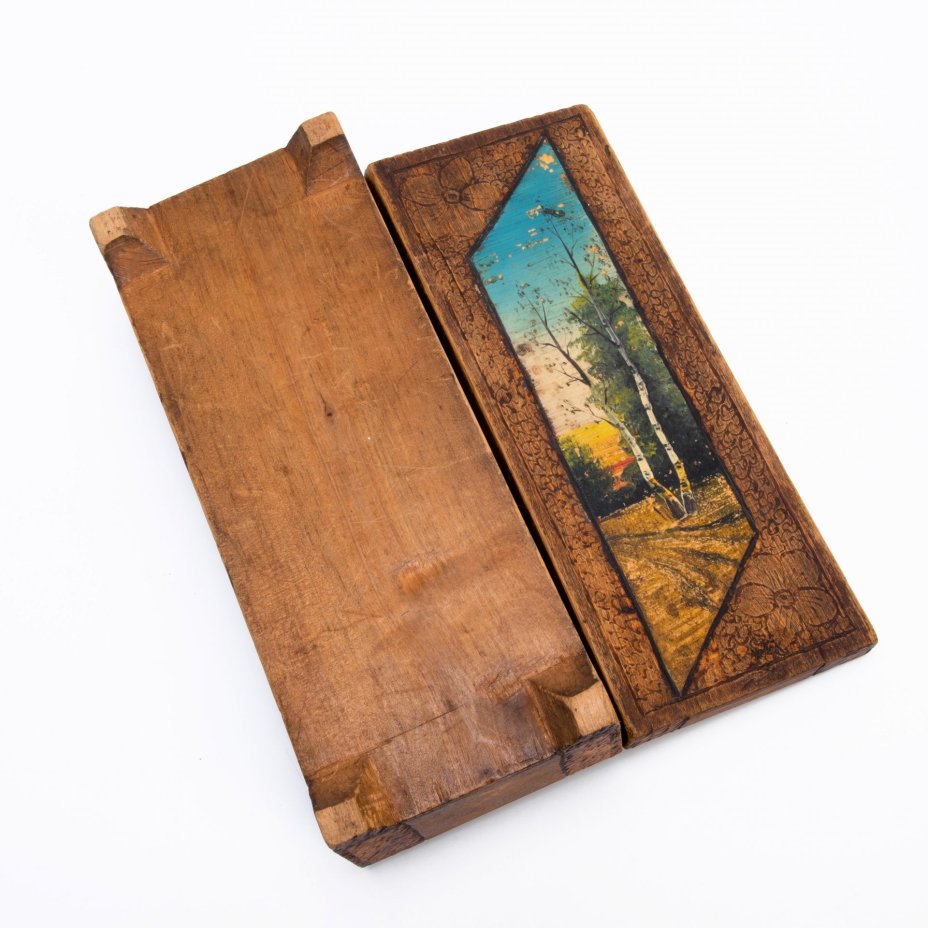 Шкатулка с изображением пейзажа, дерево, роспись, выжигание, СССР, 1930-1960 гг.