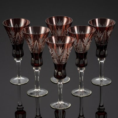 Набор из 6-ти  бокалов «Вечерний луч» марганцевого оттенка, стекло, алмазная грань, Стрыйский стекольный завод, СССР, 1960-1980 гг.