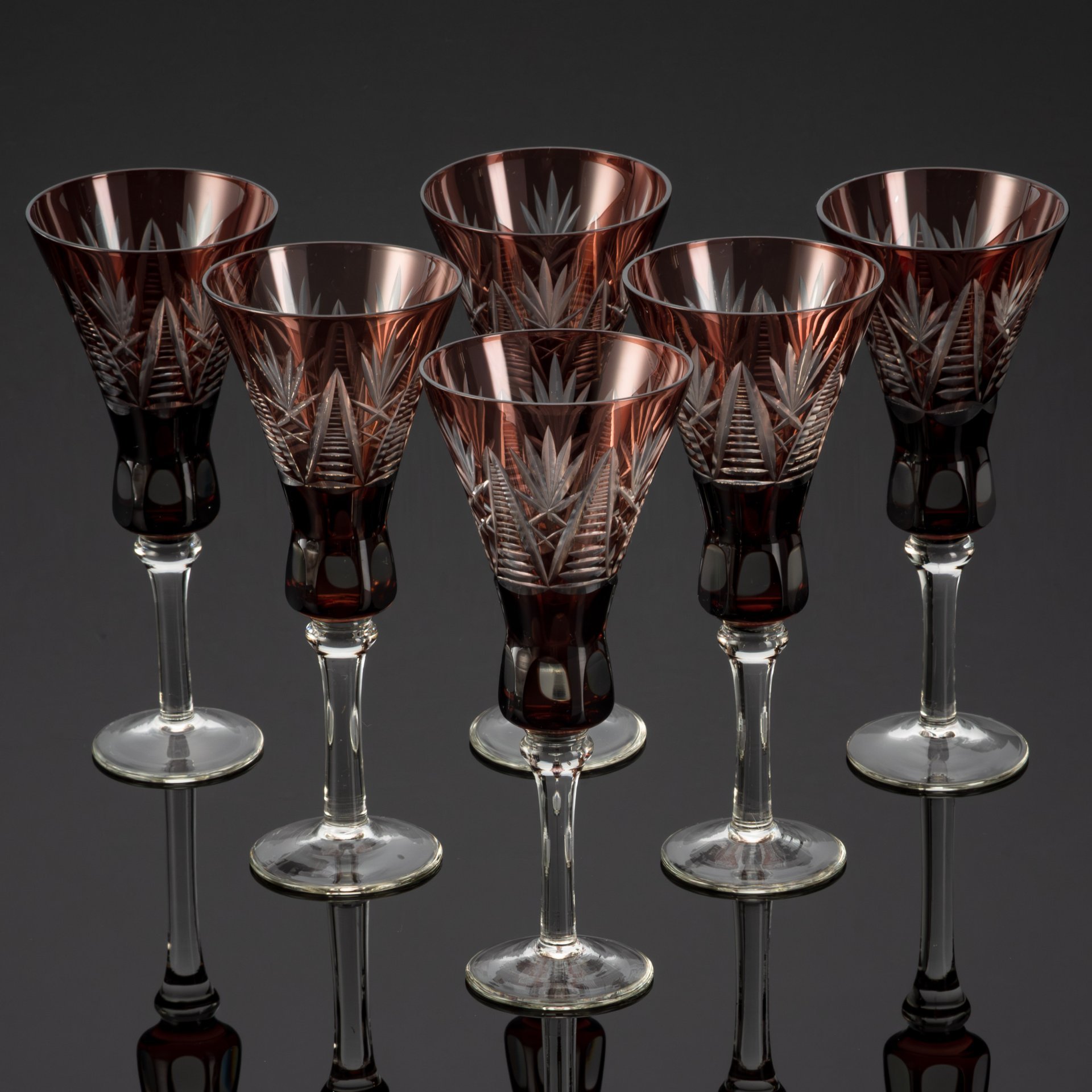 Набор из 6-ти  бокалов «Вечерний луч» марганцевого оттенка, стекло, алмазная грань, Стрыйский стекольный завод, СССР, 1960-1980 гг.