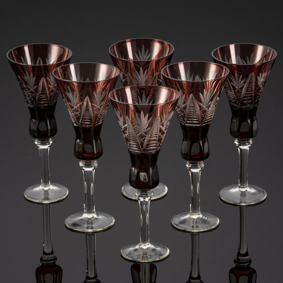 Набор из 6-ти  бокалов «Вечерний луч» марганцевого оттенка, стекло, алмазная грань, Стрыйский стекольный завод, СССР, 1960-1980 гг.