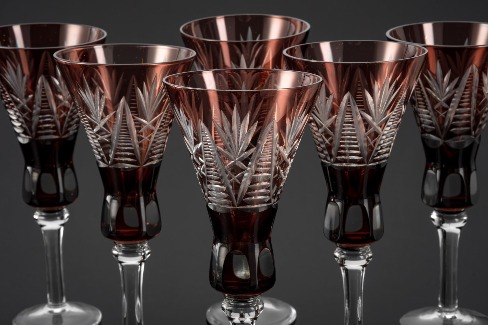 Набор из 6-ти  бокалов «Вечерний луч» марганцевого оттенка, стекло, алмазная грань, Стрыйский стекольный завод, СССР, 1960-1980 гг.