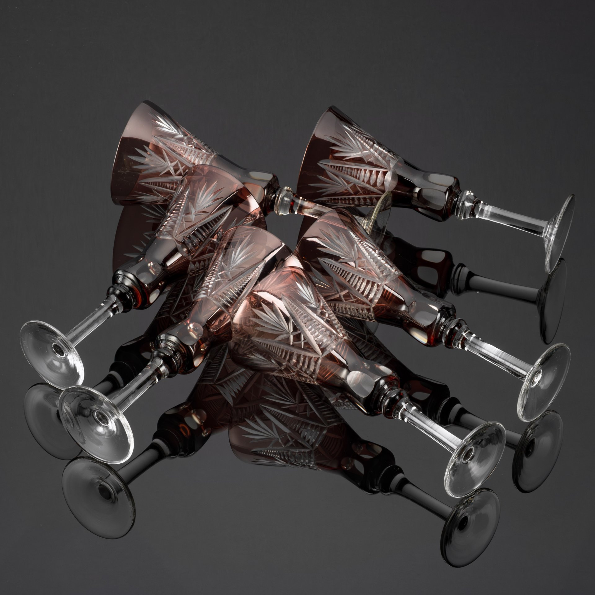 Набор из 6-ти  бокалов «Вечерний луч» марганцевого оттенка, стекло, алмазная грань, Стрыйский стекольный завод, СССР, 1960-1980 гг.