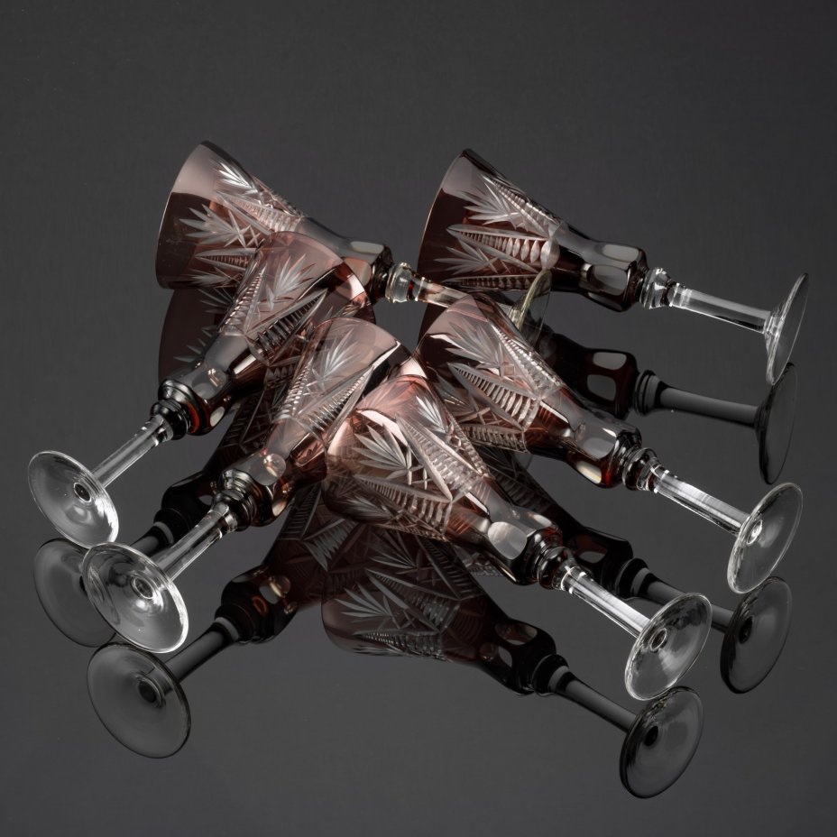 Набор из 6-ти  бокалов «Вечерний луч» марганцевого оттенка, стекло, алмазная грань, Стрыйский стекольный завод, СССР, 1960-1980 гг.