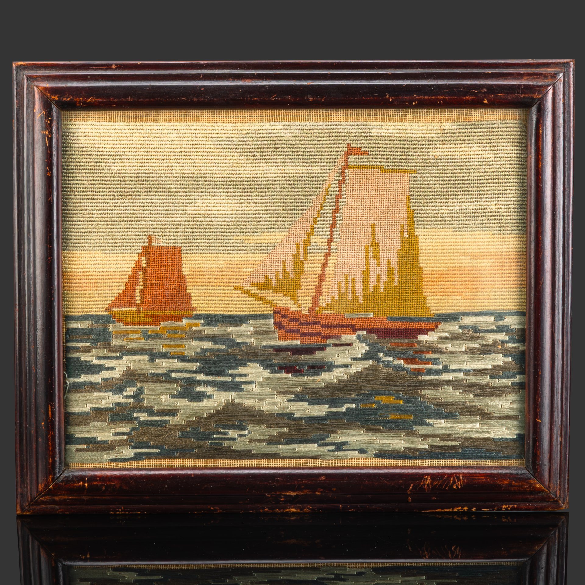 Картина в раме "Парусники", ткань, вышивка, СССР, 1970-1990 гг.