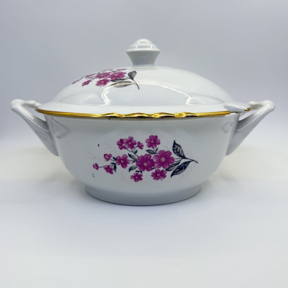 Супница, украшенная цветочным декором, фарфор, деколь, золочение, Дулевский фарфоровый завод (Дулёво), СССР, 1987 г., Дулевский фарфоровый завод (Дулёво)