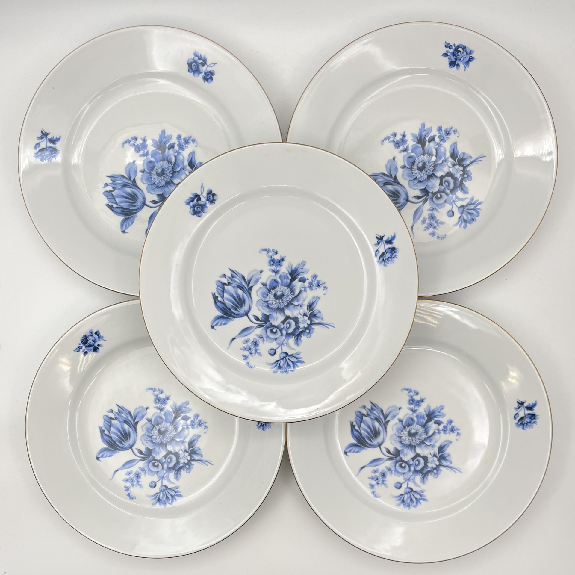 Набор из 6-ти обеденных тарелок с декором в виде синих цветов