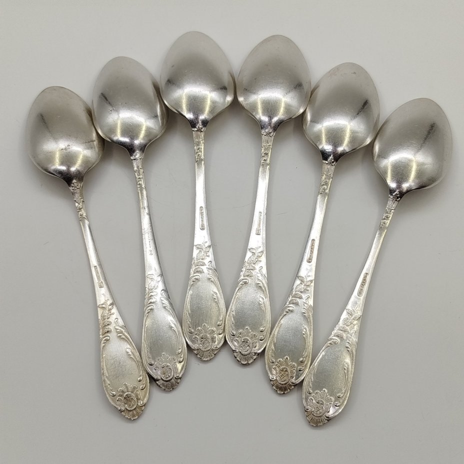 Набор из шести столовых ложек с растительным декором, мНЦ (медь-никель-цинк), Вольнянский завод столовых приборов им. Шевченко (ЗiШ, ЗиШ), СССР, 1960-1980 гг.