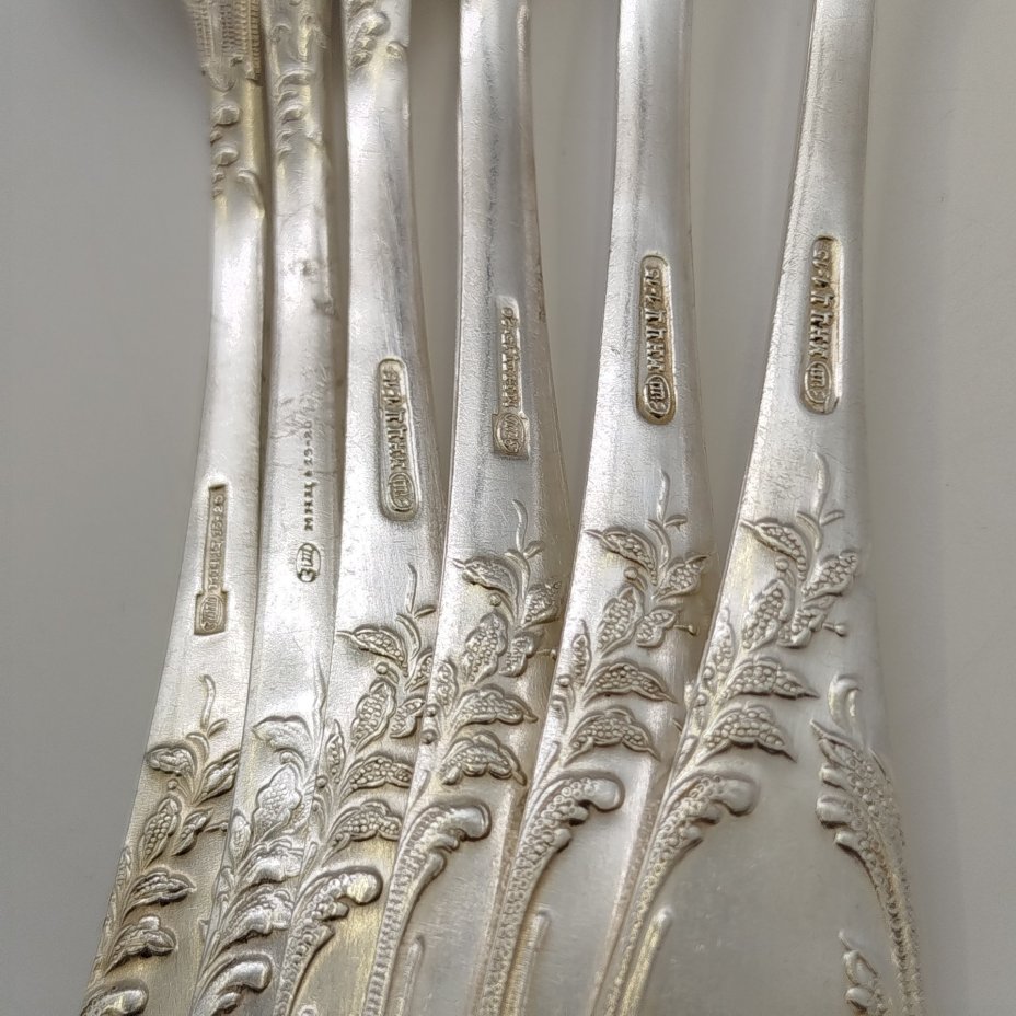 Набор из шести столовых ложек с растительным декором, мНЦ (медь-никель-цинк), Вольнянский завод столовых приборов им. Шевченко (ЗiШ, ЗиШ), СССР, 1960-1980 гг.