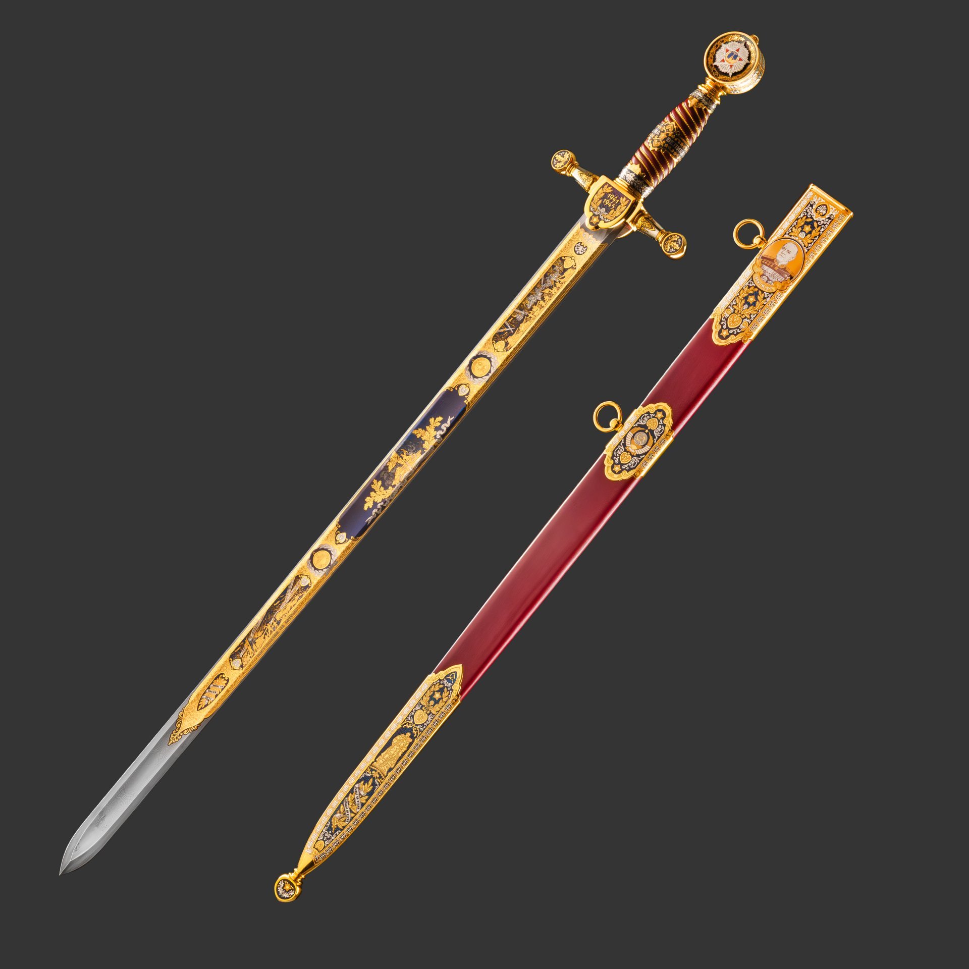 Меч "Маршал Победы", сталь, латунь, дерево, кожа, золочение; в деревянном подарочном коробе с бархатным ложементом, Российская Федерация, 2025 г.