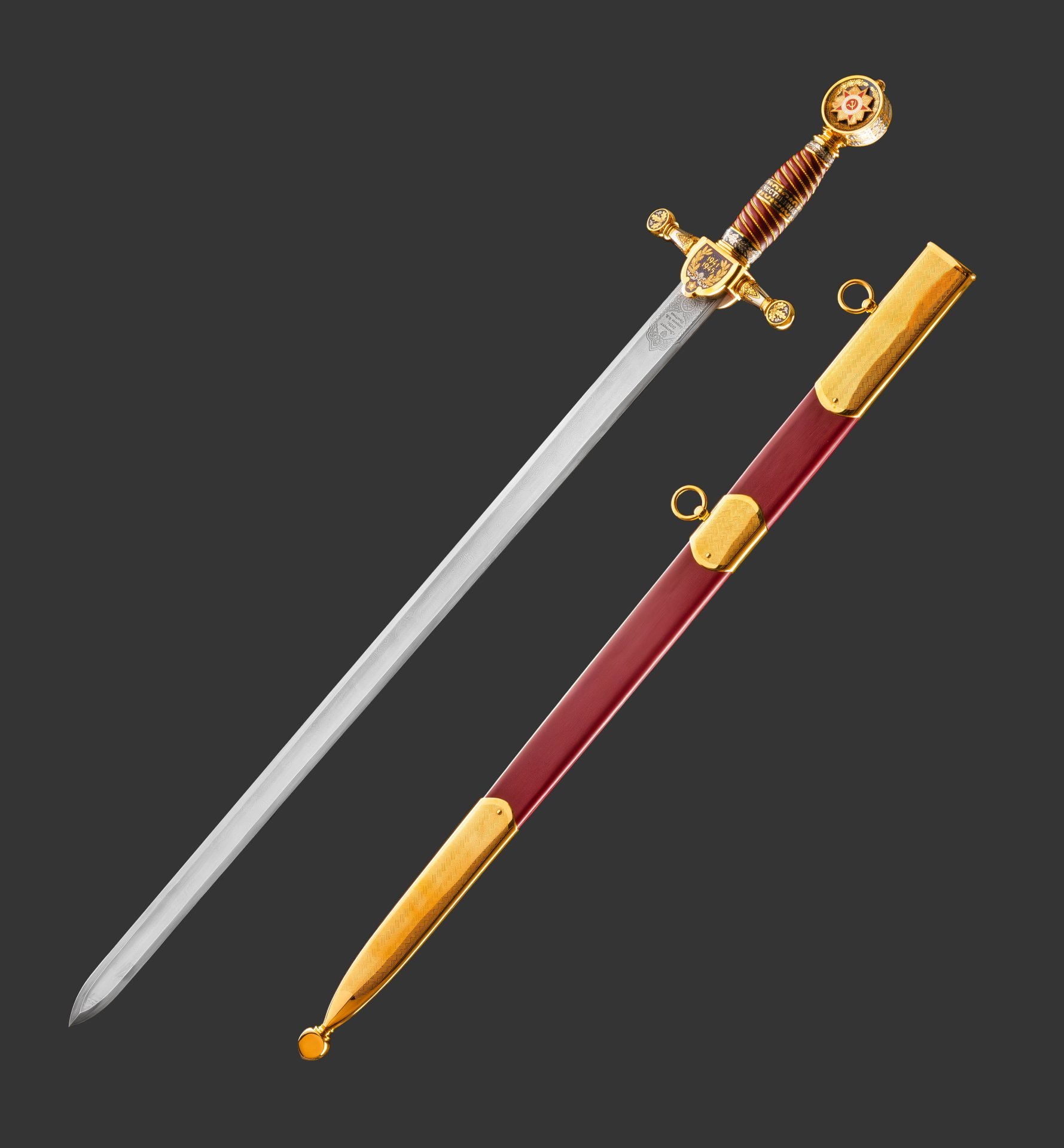 Меч "Маршал Победы", сталь, латунь, дерево, кожа, золочение; в деревянном подарочном коробе с бархатным ложементом, Российская Федерация, 2025 г.