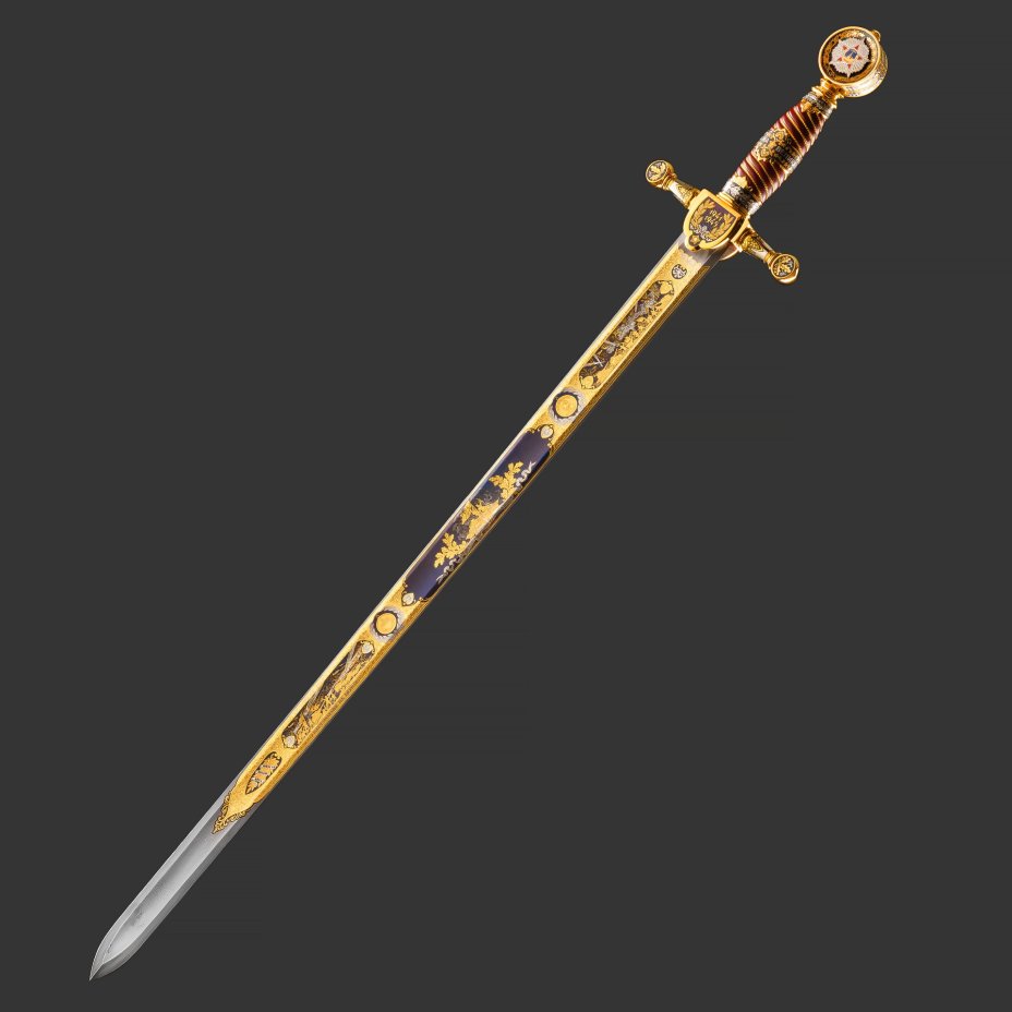 Меч "Маршал Победы", сталь, латунь, дерево, кожа, золочение; в деревянном подарочном коробе с бархатным ложементом, Российская Федерация, 2025 г.