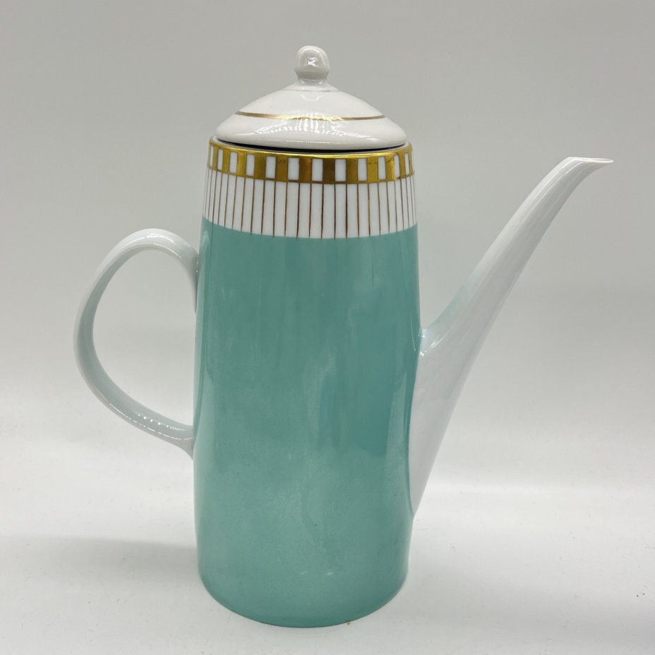 Чайник доливной с геометрическим декором в мятном оттенке (крышка ПОДБОР), фарфор, крытье, золочение, Lichte Porzellan (Лихте), Германия, 1970-1980 гг.