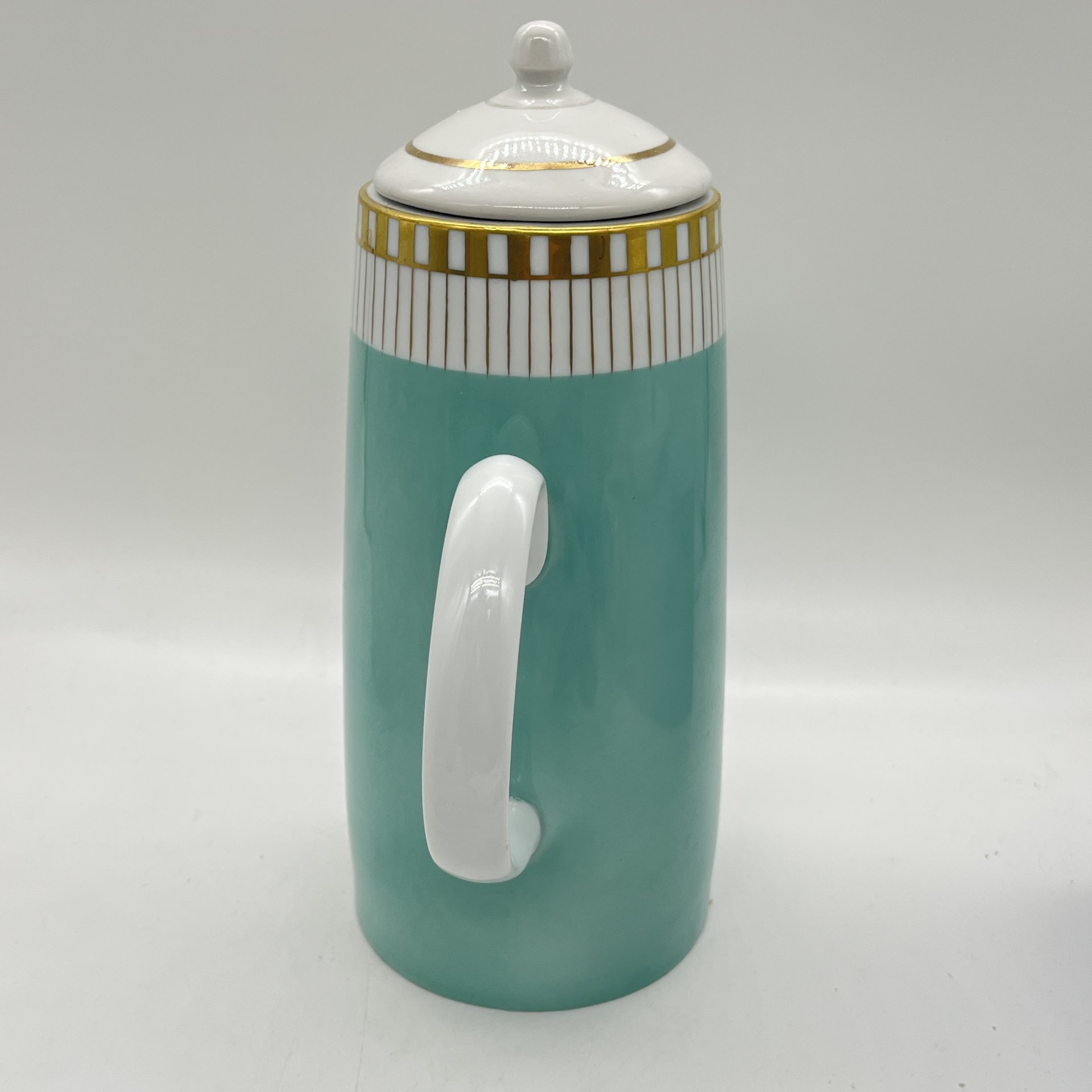 Чайник доливной с геометрическим декором в мятном оттенке (крышка ПОДБОР), фарфор, крытье, золочение, Lichte Porzellan (Лихте), Германия, 1970-1980 гг.
