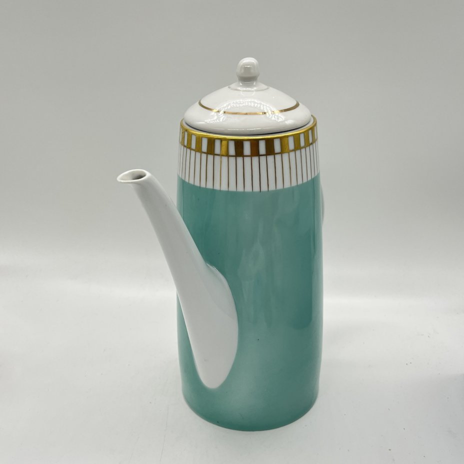 Чайник доливной с геометрическим декором в мятном оттенке (крышка ПОДБОР), фарфор, крытье, золочение, Lichte Porzellan (Лихте), Германия, 1970-1980 гг.