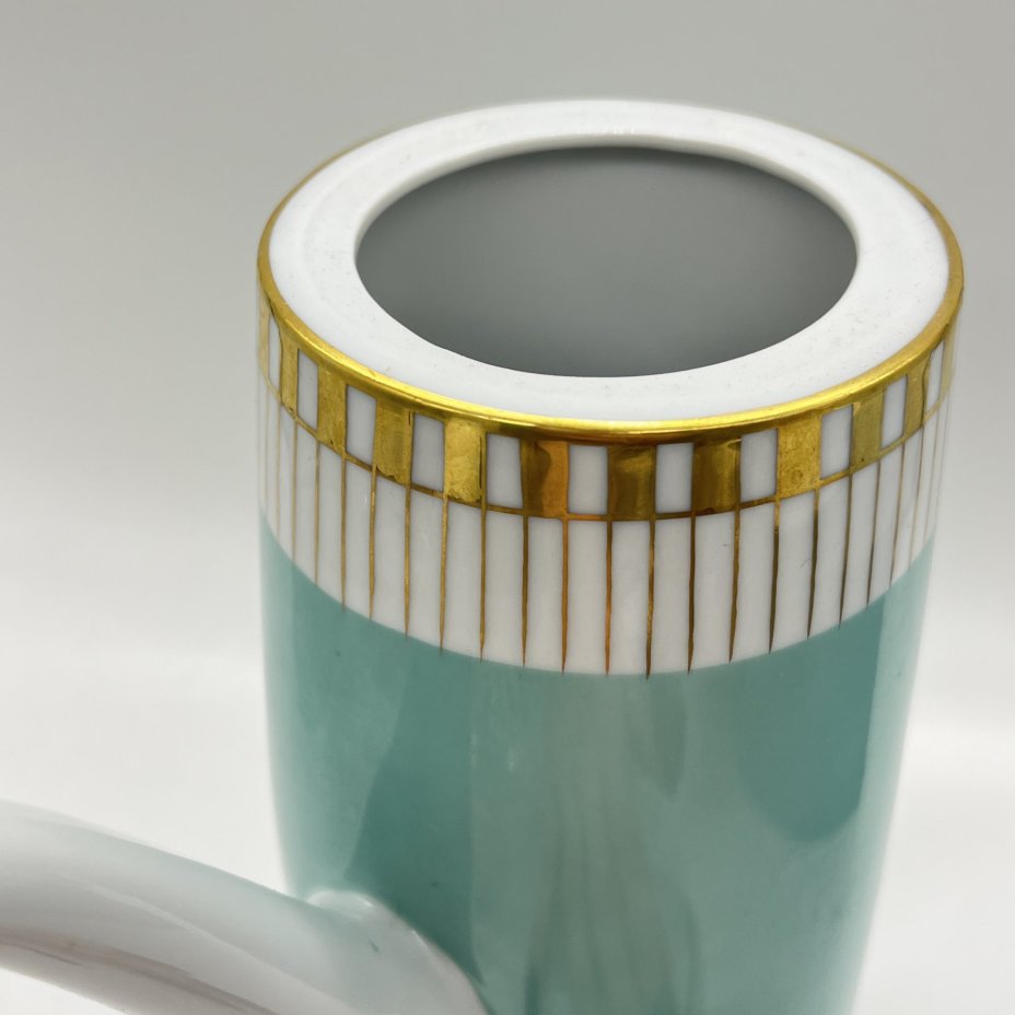 Чайник доливной с геометрическим декором в мятном оттенке (крышка ПОДБОР), фарфор, крытье, золочение, Lichte Porzellan (Лихте), Германия, 1970-1980 гг.