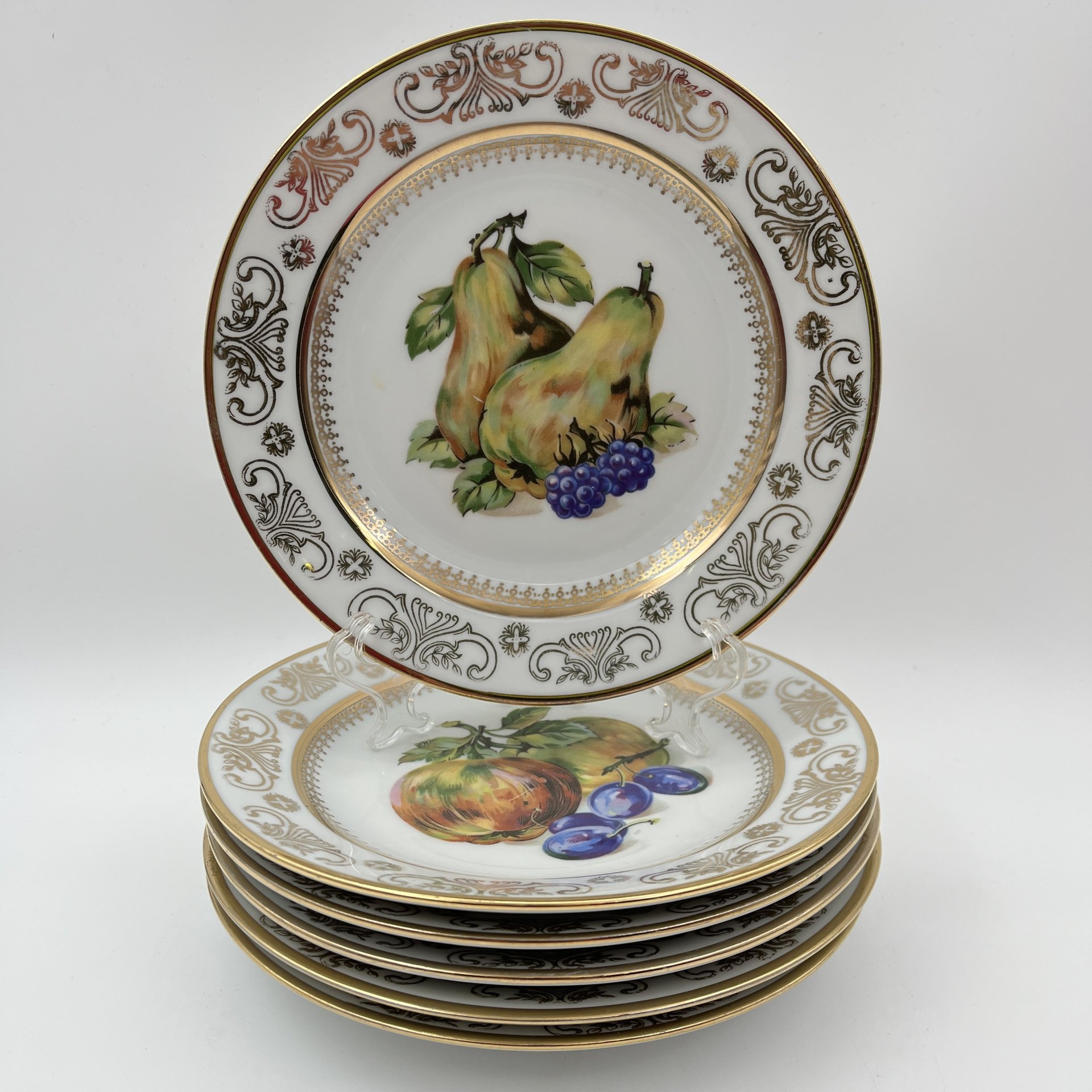 Набор десертных тарелок "Фрукты" на 6 персон, фарфор, деколь, золочение, Kahla, ГДР, 1968-1987 гг.