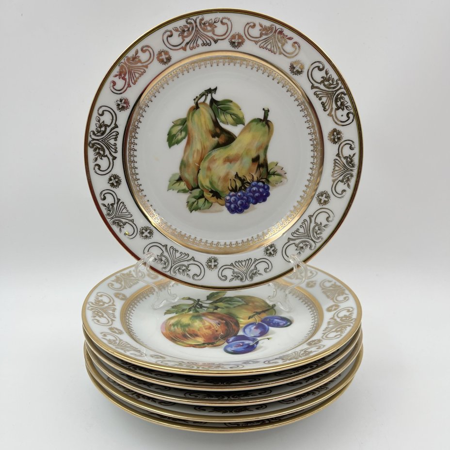 Набор десертных тарелок "Фрукты" на 6 персон, фарфор, деколь, золочение, Kahla, ГДР, 1968-1987 гг.