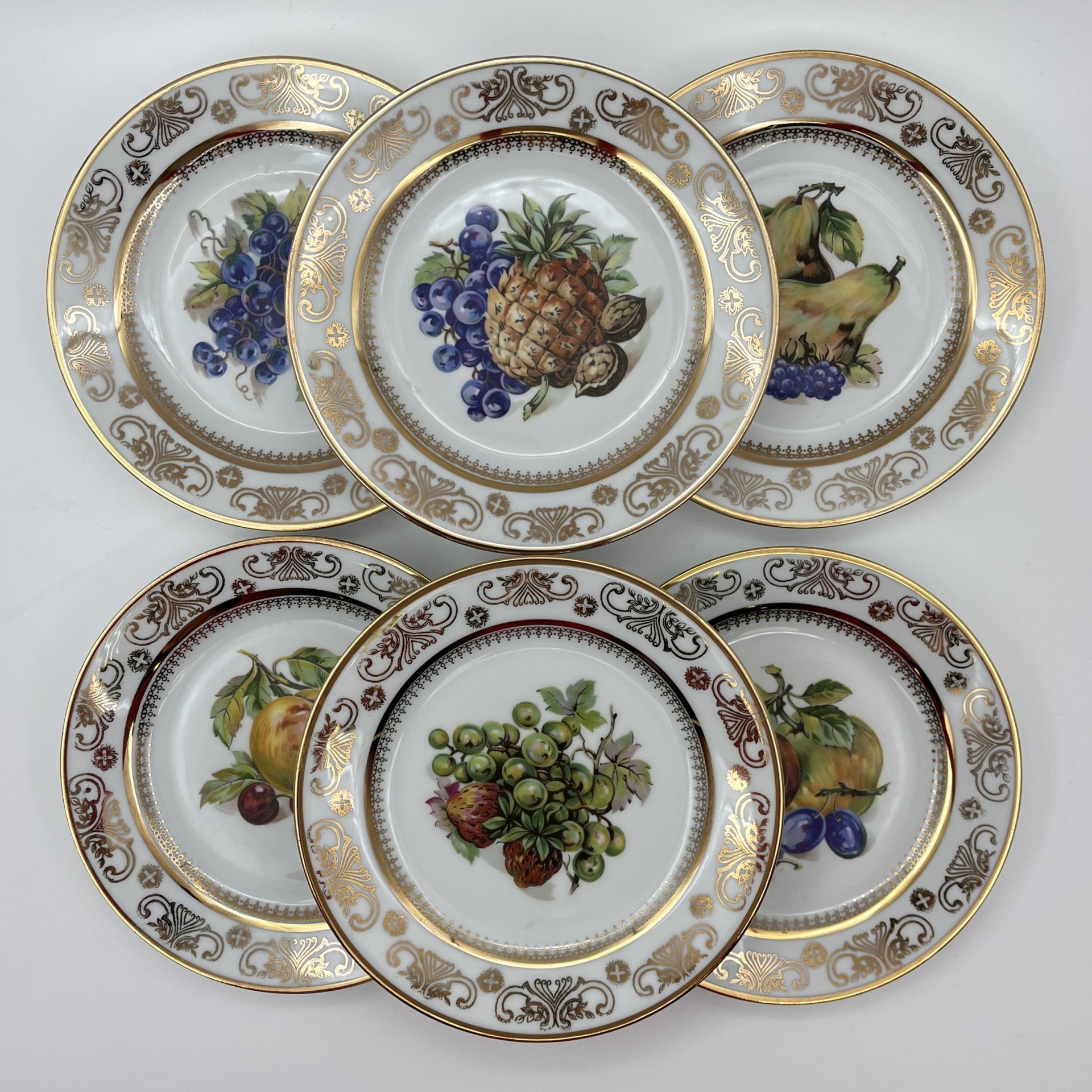 Набор десертных тарелок "Фрукты" на 6 персон, фарфор, деколь, золочение, Kahla, ГДР, 1968-1987 гг.