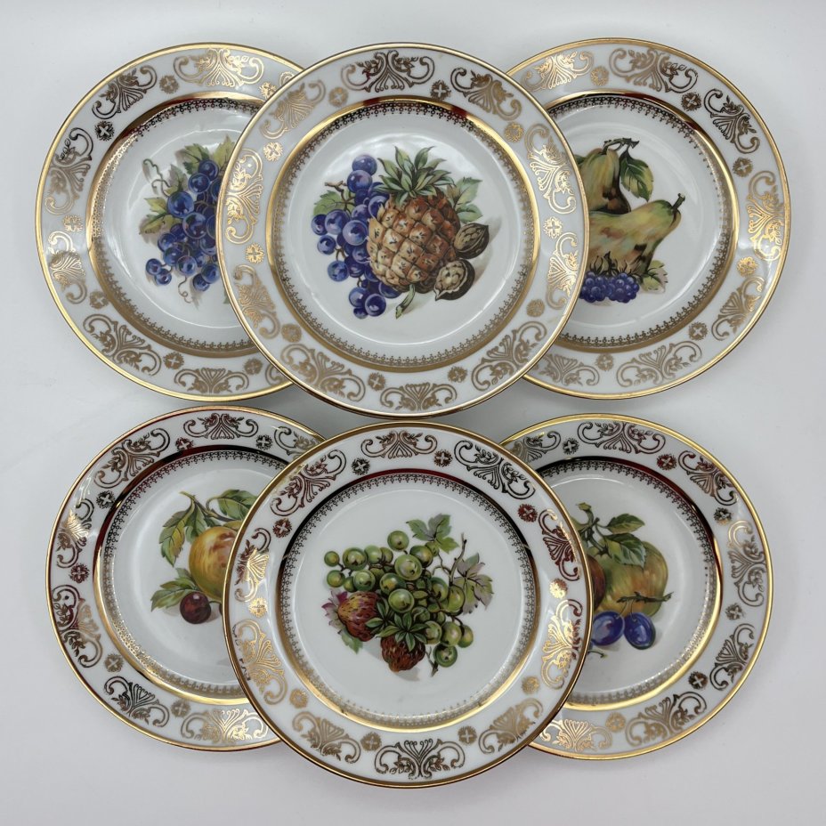 Набор десертных тарелок "Фрукты" на 6 персон, фарфор, деколь, золочение, Kahla, ГДР, 1968-1987 гг.