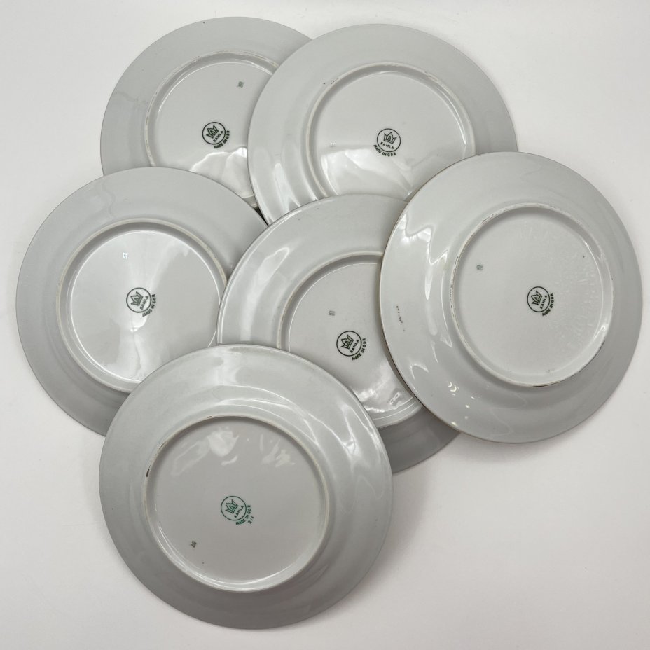 Набор десертных тарелок "Фрукты" на 6 персон, фарфор, деколь, золочение, Kahla, ГДР, 1968-1987 гг.