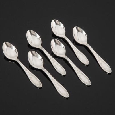 Набор из 6 ложек кофейных "Пламя", мНЦ (медь-никель-цинк), штамповка, Кольчугинский завод цветных металлов, СССР, 1962-1991 гг.