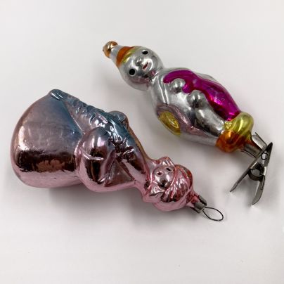 Набор из 2-х ёлочных игрушек "Емеля с щукой", "Клоун", стекло, металл, краска, СССР, 1960-1980 гг.