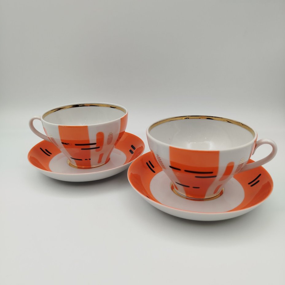 Набор из 2-х чайных пар "Березки" (советский минимализм), фарфор, крытье, деколь, золочение, Дулевский фарфоровый завод (Дулёво), СССР, 1968-1991 гг.