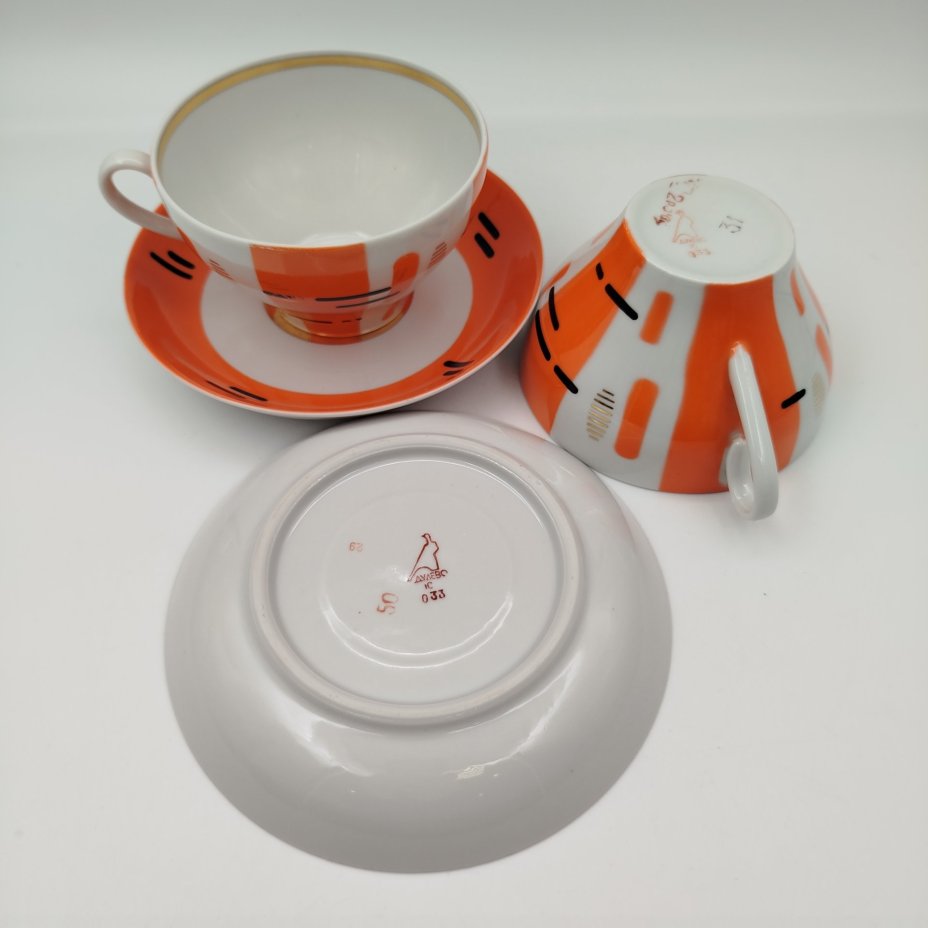 Набор из 2-х чайных пар "Березки" (советский минимализм), фарфор, крытье, деколь, золочение, Дулевский фарфоровый завод (Дулёво), СССР, 1968-1991 гг.