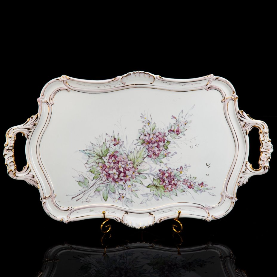 Поднос кофейный с фигурным бортом и ручками, украшенный изображением цветов, Lorenzon, фаянс, роспись, золочение, Италия, 1988 г.