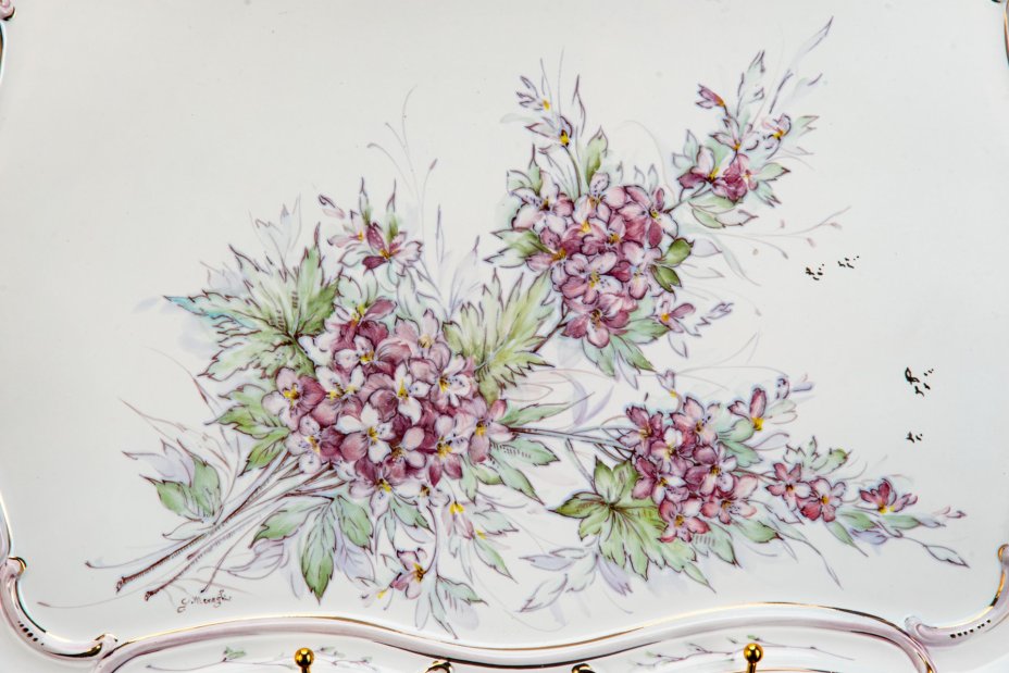 Поднос кофейный с фигурным бортом и ручками, украшенный изображением цветов, Lorenzon