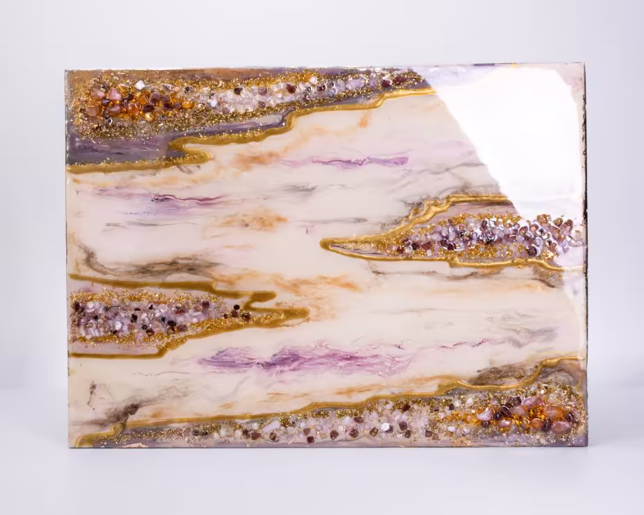 Панно настенное "Золотые облака",  авторская ручная работа в технике Resin Art, глянцевое 3D покрытие, натуральный камень, Россия, 2021 г.